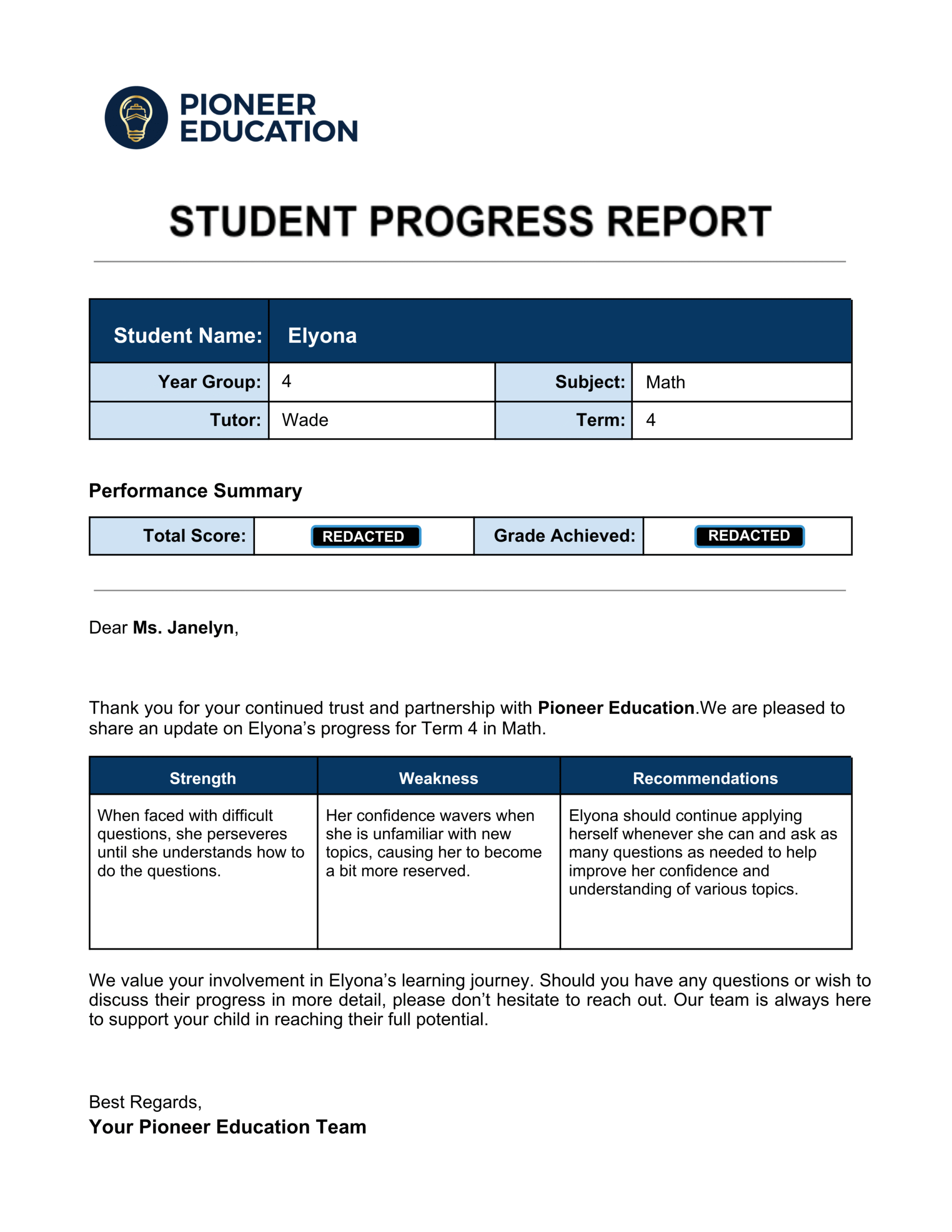 student progress report